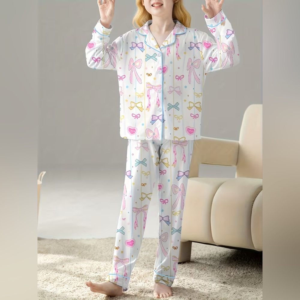 New Girls White Bow-Print Pajama Set with Pastel Accents love size 12Y
